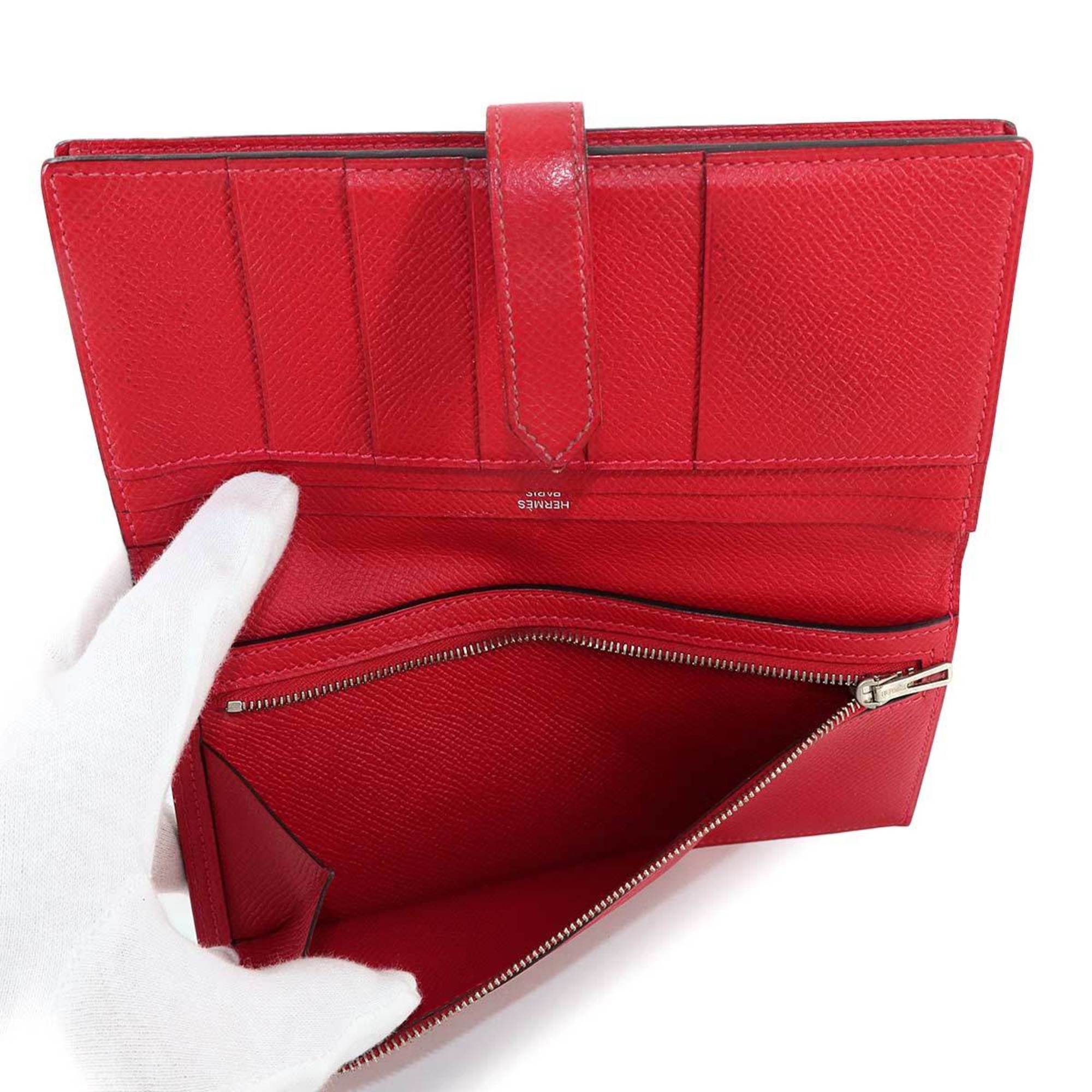 Hermes Hermès Bearn Soufflet Bifold Long Wallet, Epson Rouge H, Kazac, T Stamp, Silver Hardware