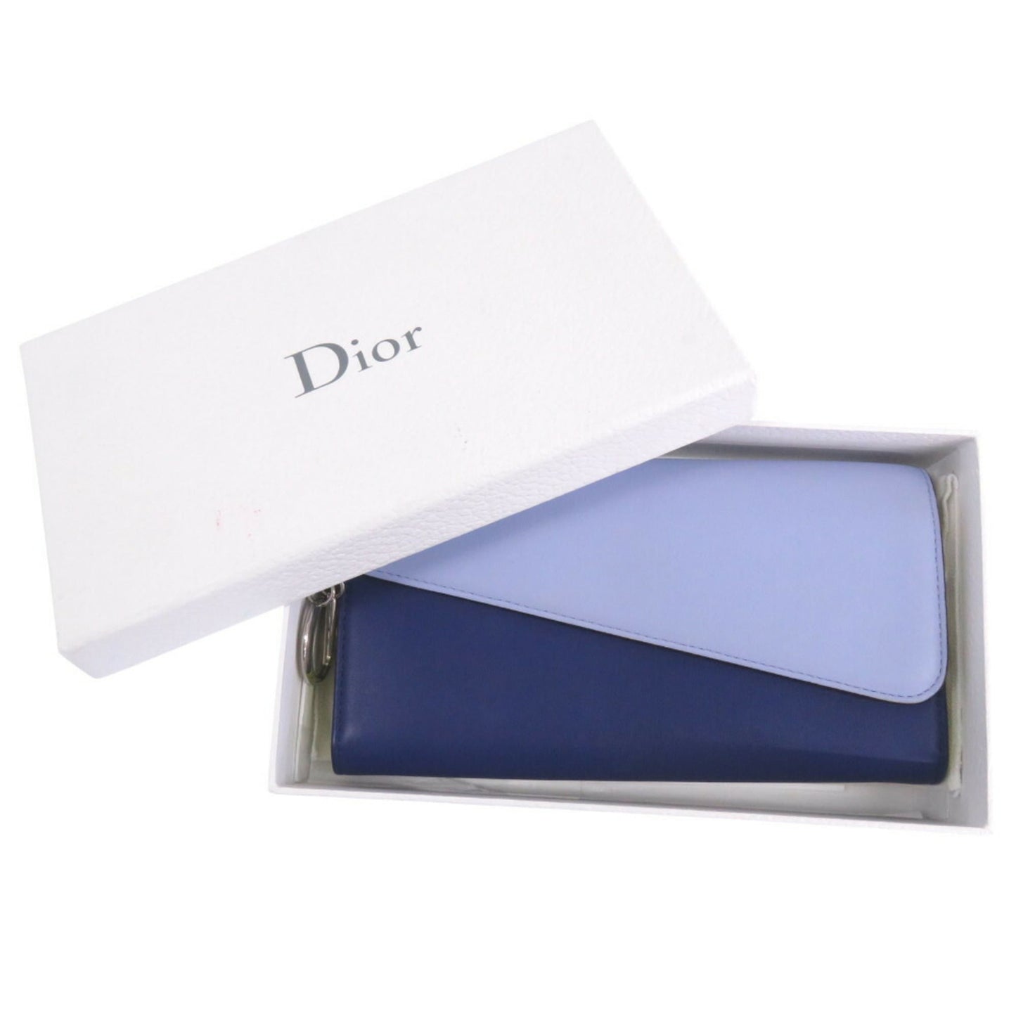 Christian Dior Leather Bicolor L-Shaped Long Wallet Blue 1546Christian