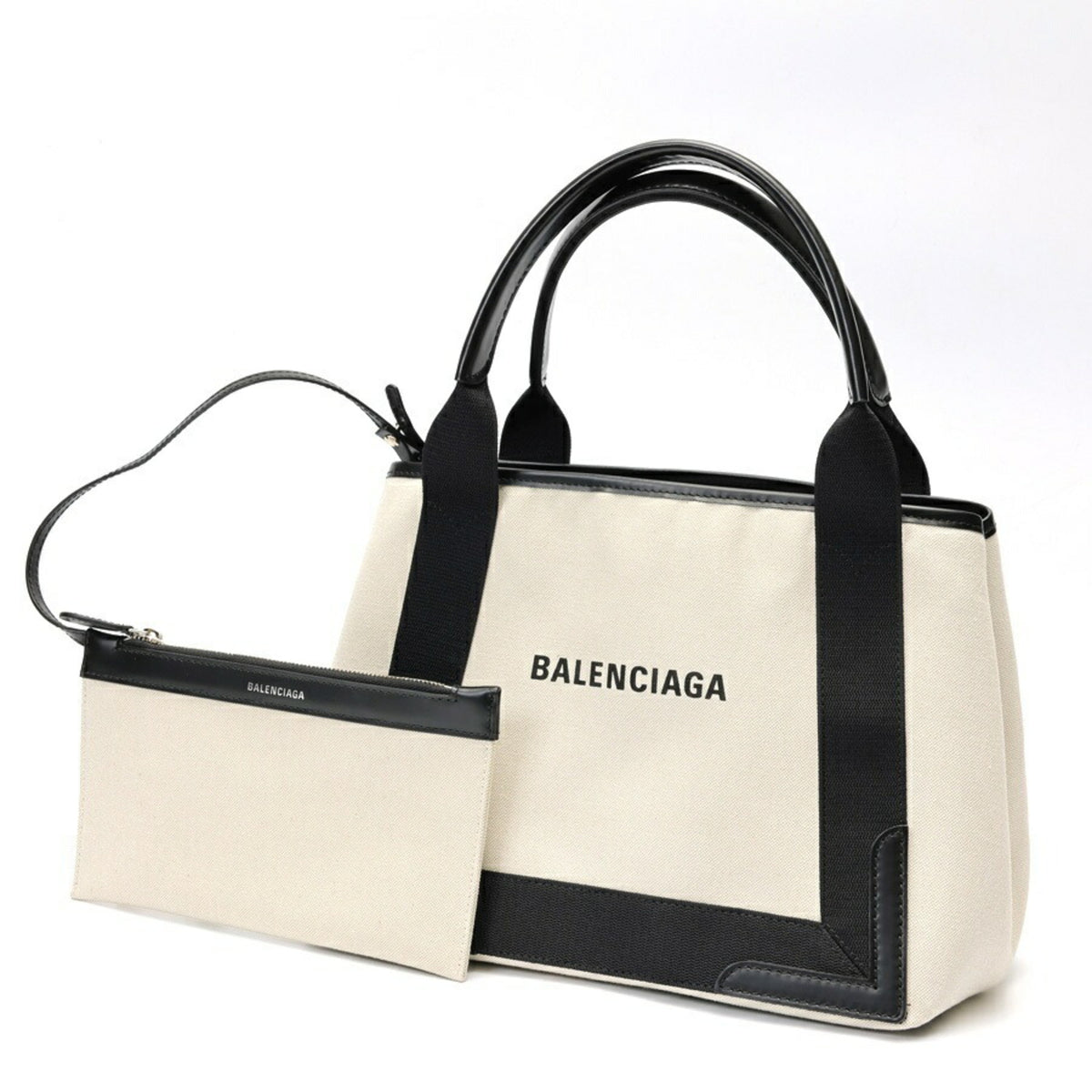Balenciaga Navy Cabas S Tote Bag 339933 Canvas Leather Natural Black — Like New
