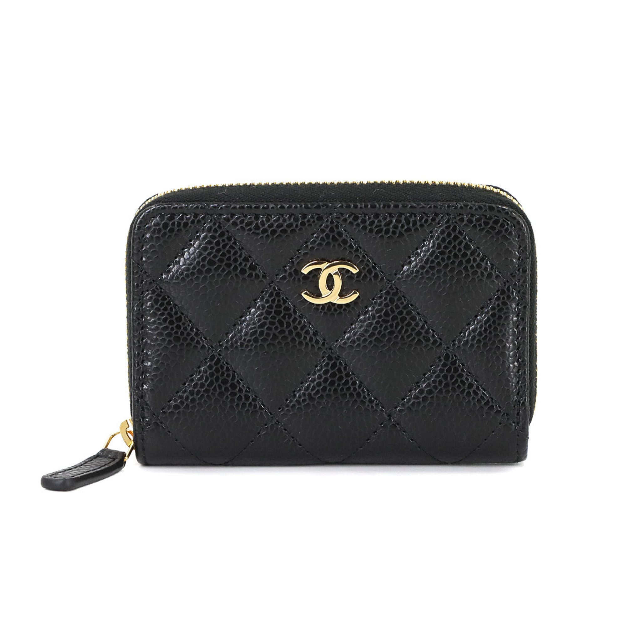 CHANEL Matelasse Classic Zip Coin Purse, Caviar Leather, Black, Coco Mark, Gold Hardware, AP0216