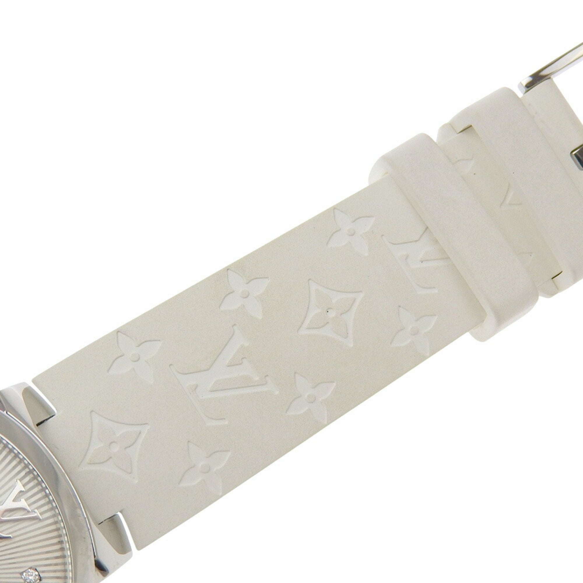 Like new Louis Vuitton Tambour MM Q13MJ white dial watch with 8 diamonds, stainless steel and rubber case, quartz movement, 33mm — Like New
