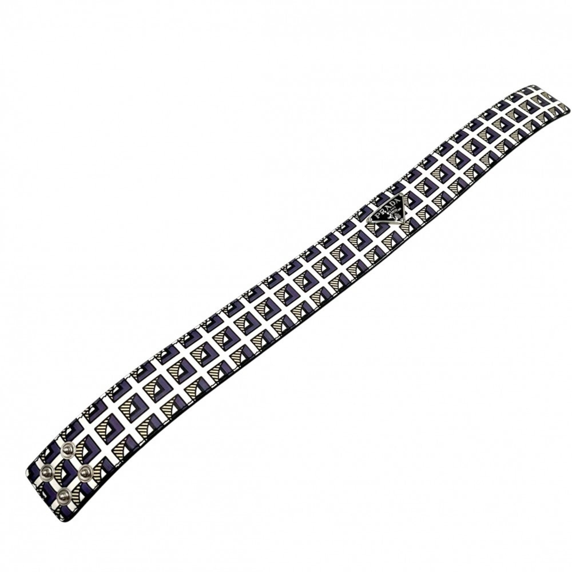 Prada choker for women, triangle logo accessory, PRADA leather, 2IC046, black, white, silver hardware — Like New
