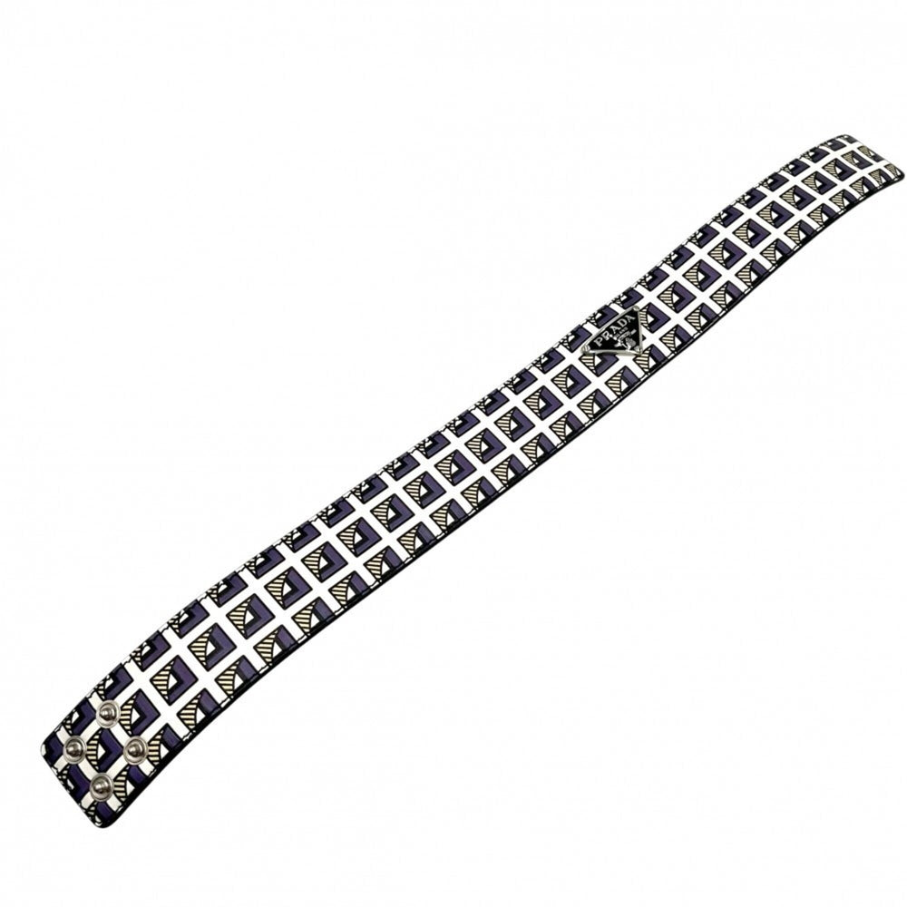 Prada choker for women, triangle logo accessory, PRADA leather, 2IC046, black, white, silver hardware — Like New