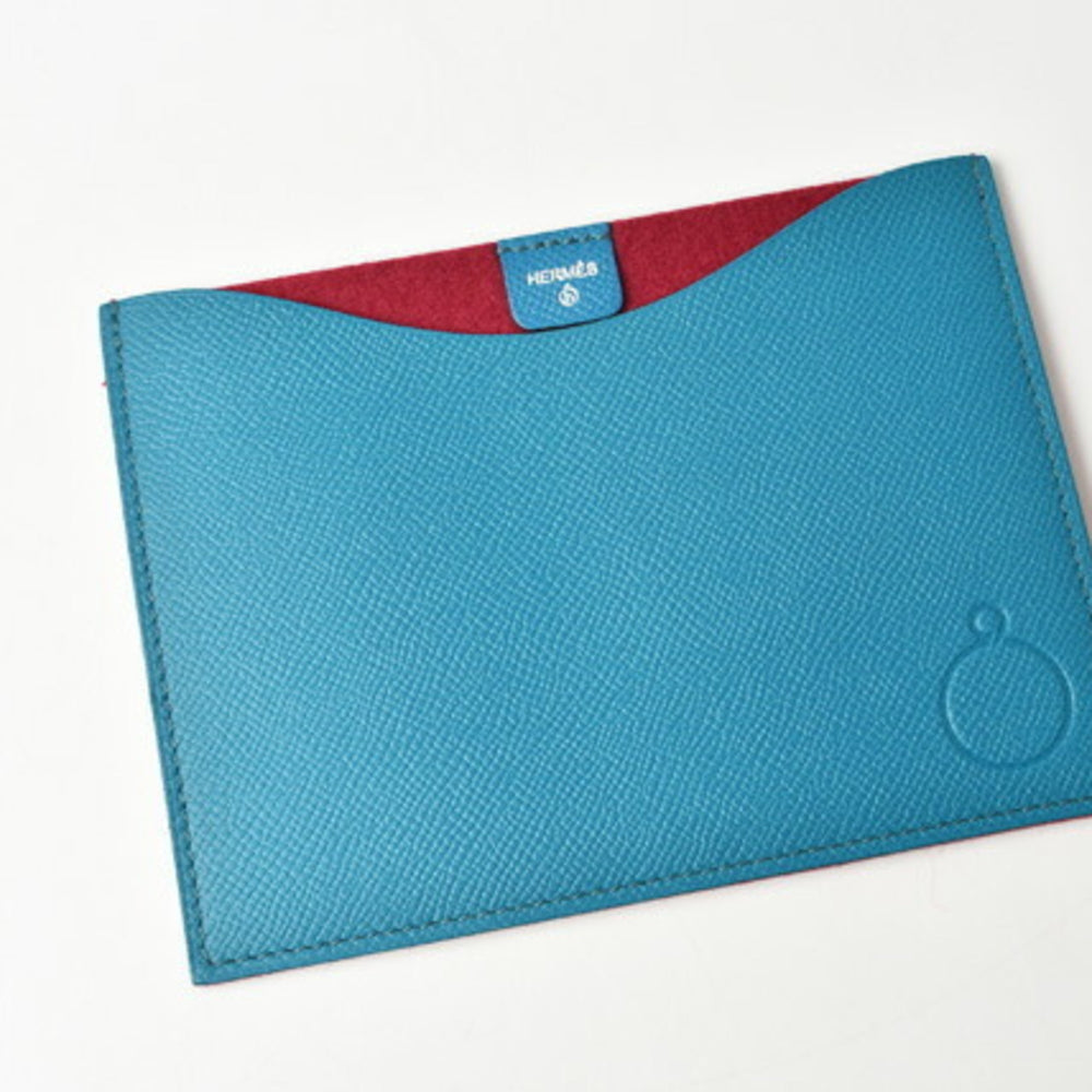Hermes Flat Pouch / Pass Case HERMES Petit Ash Vaux Epson Blue Red — Like New