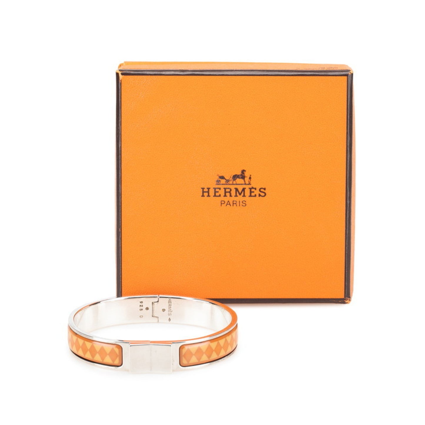 Hermes enamel bangle in silver, brown, and beige metal for women.