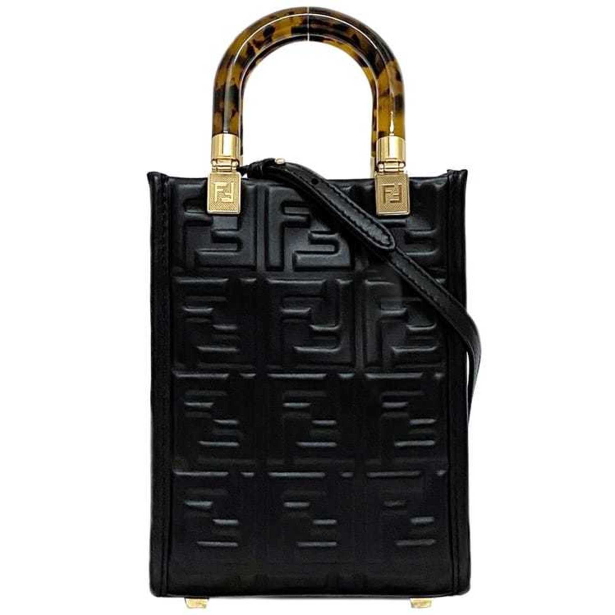 Fendi 2-way bag Sunshine f-21250 Black Tortoiseshell 8BS051 Leather FENDI FF Embossed Women's Compact — Like New