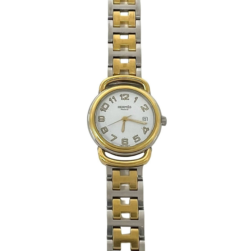 HERMES Pullman Stainless Steel GP Quartz Wristwatch Gold Silver 25057 — Good