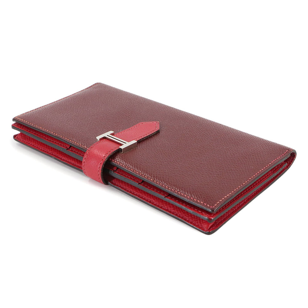 Hermes Hermès Bearn Soufflet Bifold Long Wallet, Epson Rouge H, Kazac, T Stamp, Silver Hardware