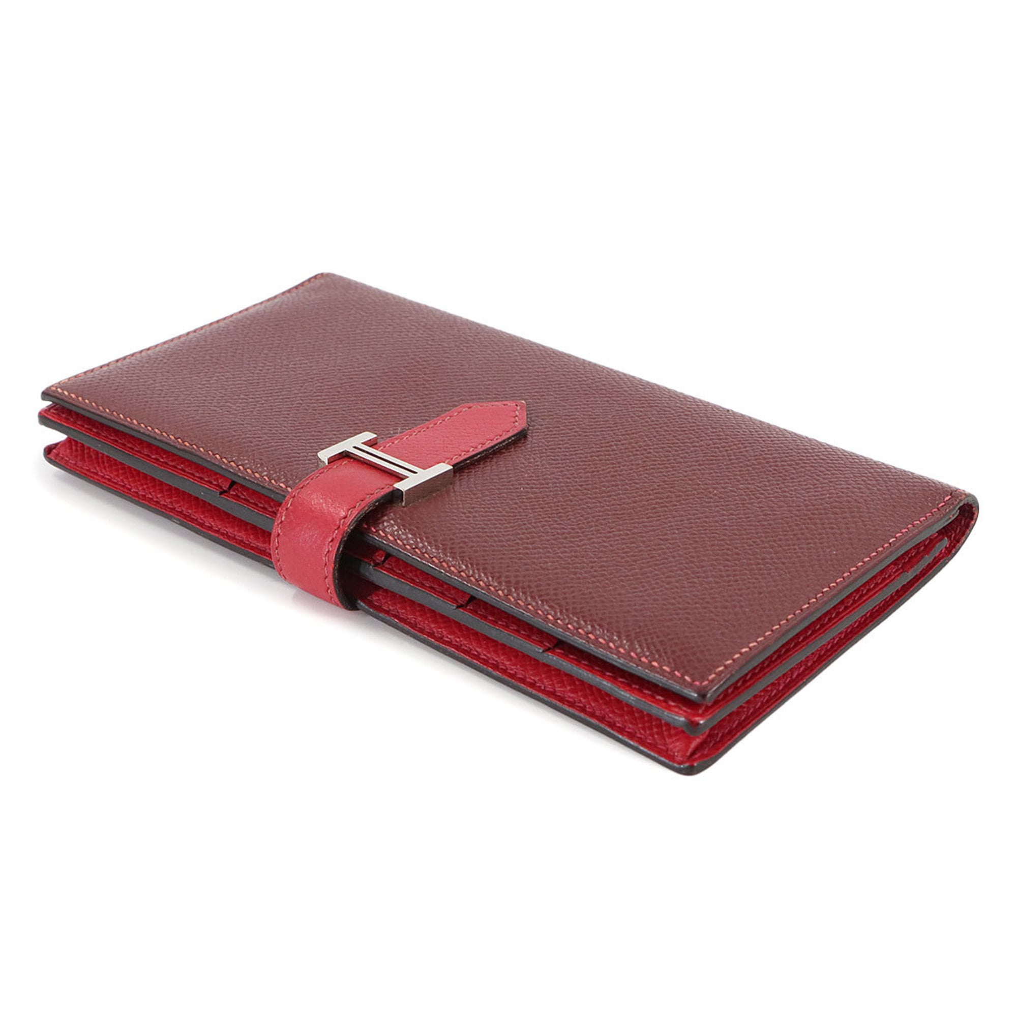 Hermes Hermès Bearn Soufflet Bifold Long Wallet, Epson Rouge H, Kazac, T Stamp, Silver Hardware