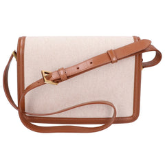 Yves Saint Laurent SAINT LAURENT PARIS 634305 Canvas x Leather Solferino Medium Flap Shoulder Bag, Natural Brown, Gold Hardware, Women's — Like New