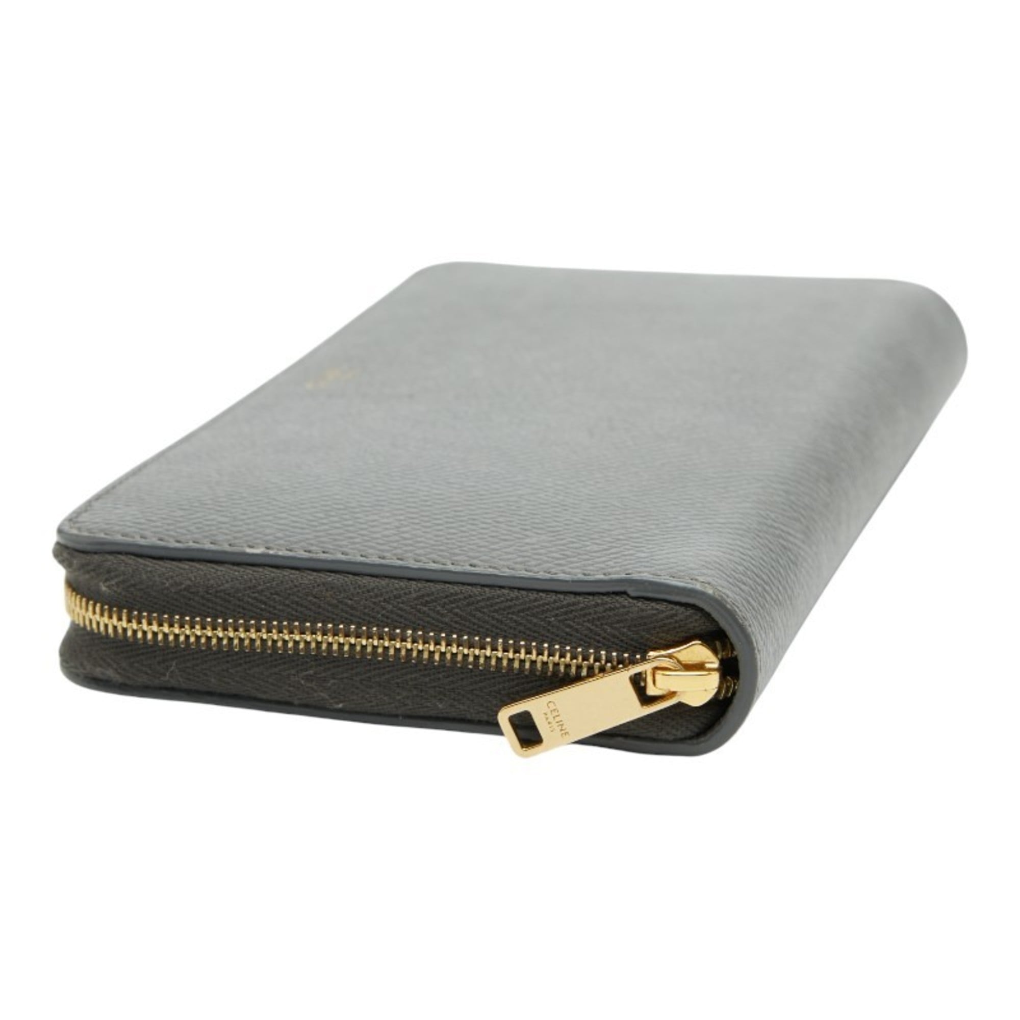 Celine round zipper long wallet in gray leather for women.
