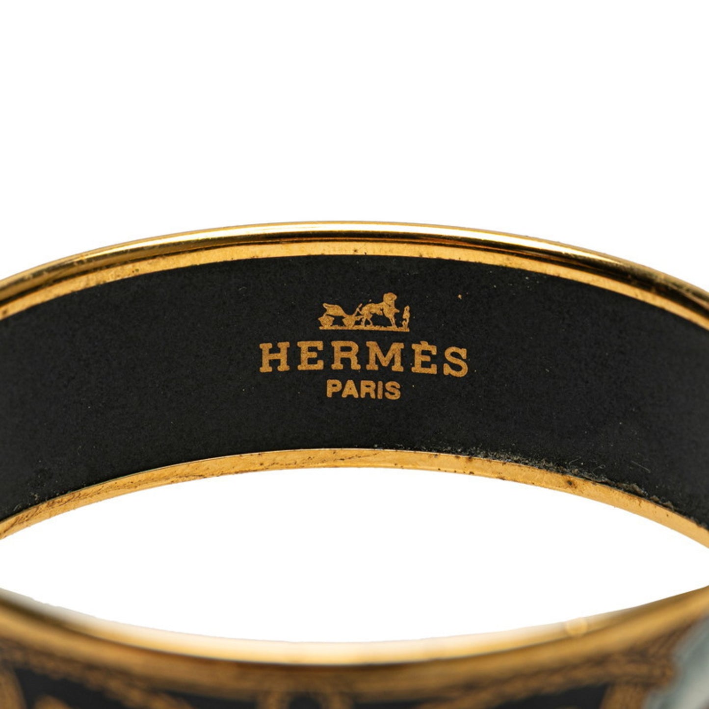 Hermes enamel GM cloisonné horse motif bangle in gold, black, and multicolored plating for women.
