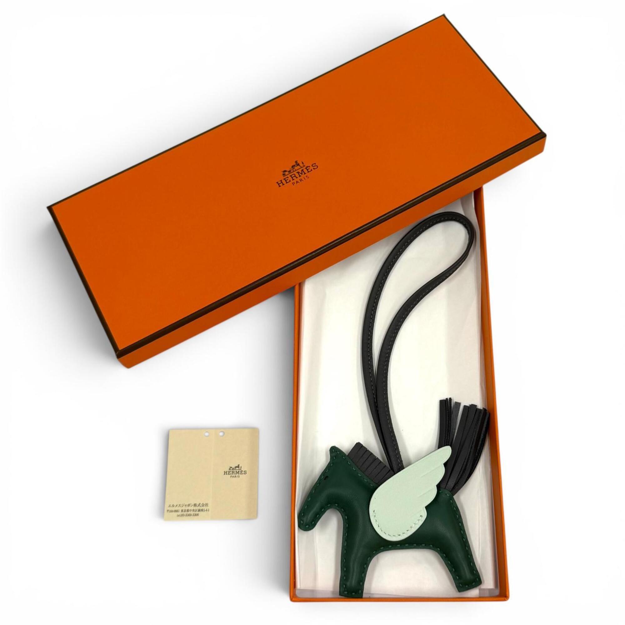 HERMES Rodeo Charm Pegasus PM Vert Moyent, Ardoise, Peppermint, Agneau Milo, Veau Swift Leather Bag Charm, W Stamp, Made in France, Women's, with Box — Like New