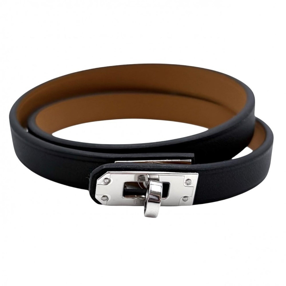 Hermes Double Tour Kelly Bracelet for Women, Leather, K Stamp, Black/Brown, Silver Hardware, 2025 Model — Like New