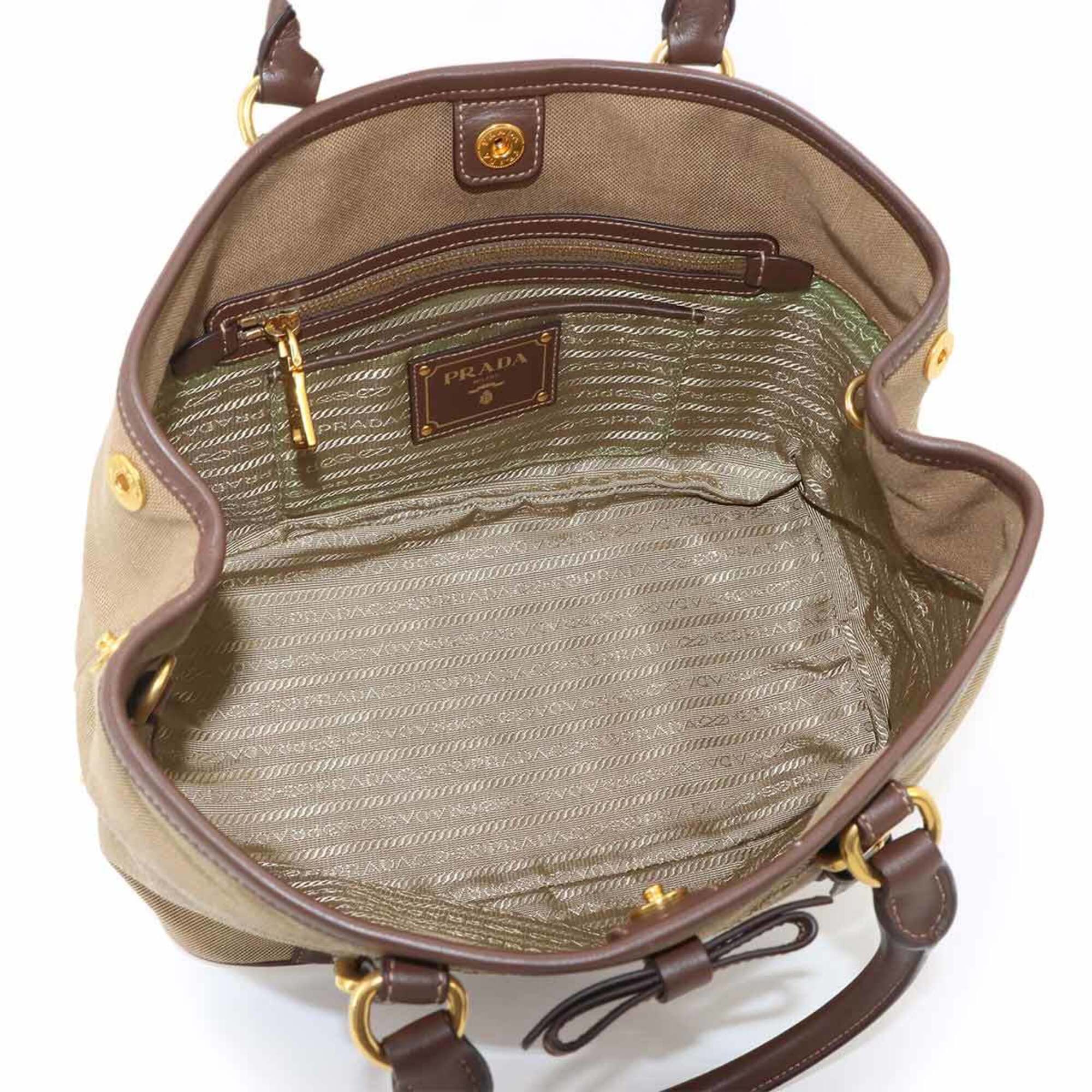 Prada Jacquard Ribbon 2-way Hand/Shoulder Handbag, Canvas and Leather, Beige/Brown Logo Bag — Like New