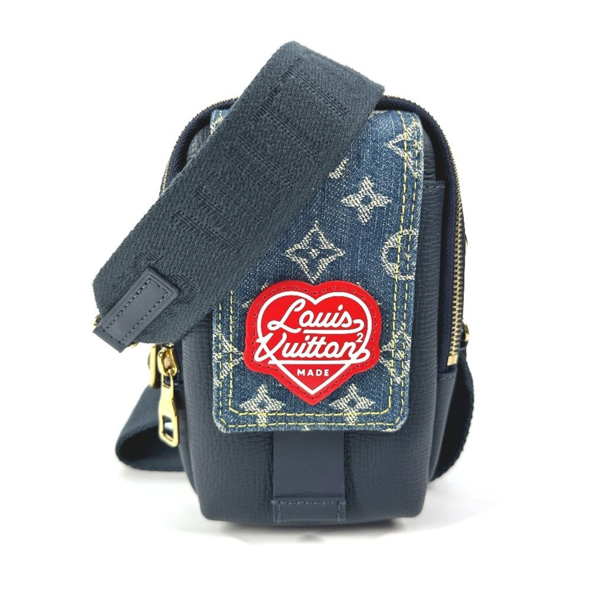 LOUIS VUITTON M81060 Monogram Denim NIGO Collaboration Double Phone Pouch Bag Pochette Crossbody Shoulder Leather Men's Women's Blue — Like New