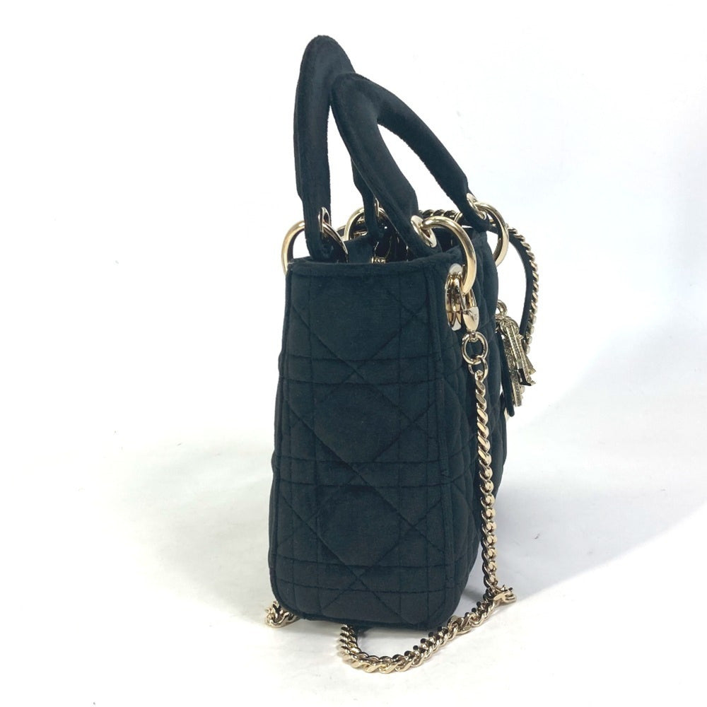 Christian Dior Dior Lady Chain Cannage Rhinestone Shoulder Bag Handbag Velour Leather Women's Black — New - Store Return