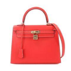 Hermes Candy Kelly 25 Epsom Rose Jaipur Gold 2-way Hand/Shoulder Handbag with external stitching, □Q stamp, gold hardware — Like New