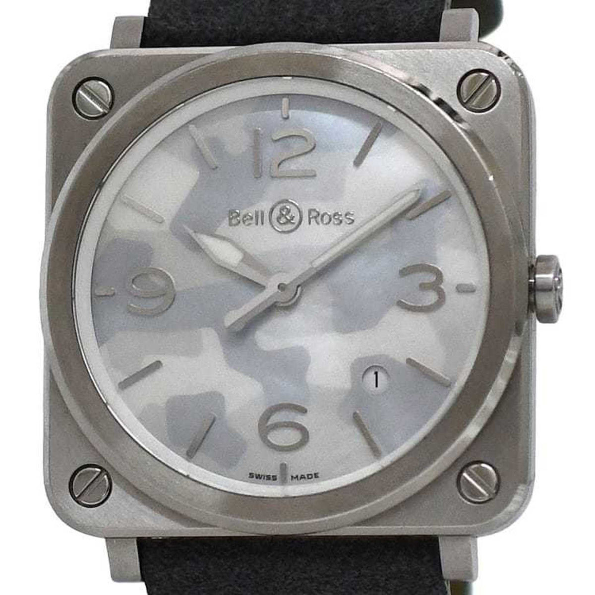 Bell & Ross Watch Aviation 39 f-22679 Camouflage White Shell Silver Gray BRS-64-S Men's SS Suede Leather Rubber Quartz Square Dial Interchangeable Strap Battery Operated — Good