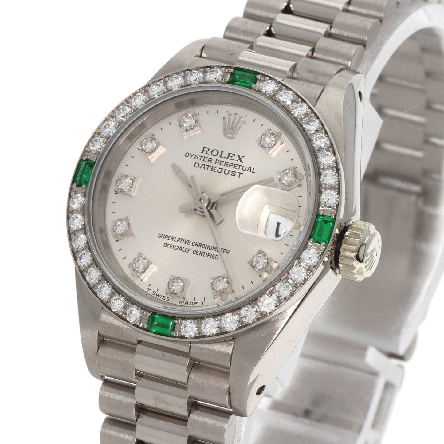 Rolex 69079G Datejust Diamond and Emerald Watch in 18K White Gold/18KWG with Diamonds, Women's