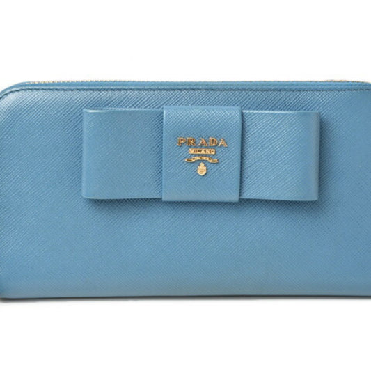 PRADA Long Wallet 1ML506 SAFFIANO FIOCCO Embossed Leather Ribbon Motif Calfskin COBALTO Cobalt