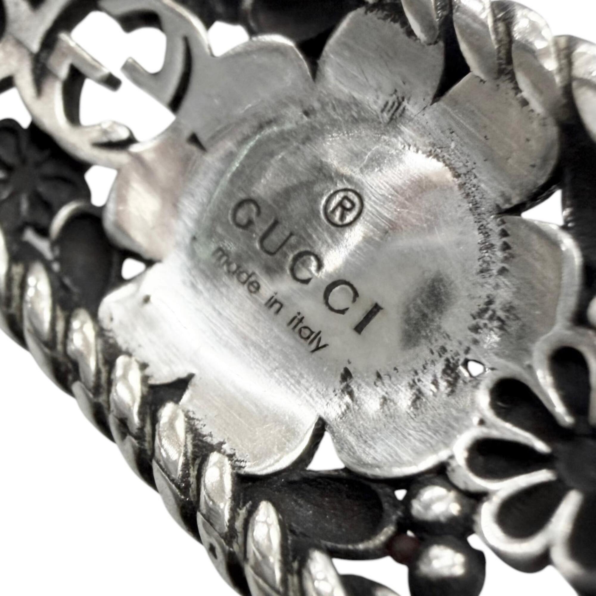 GUCCI AG925 Rhinestone Crystal Floral Interlocking G Bangle Bracelet, Silver Green, Size 16, Made in Italy, Weight 26.2g, Men's — Like New