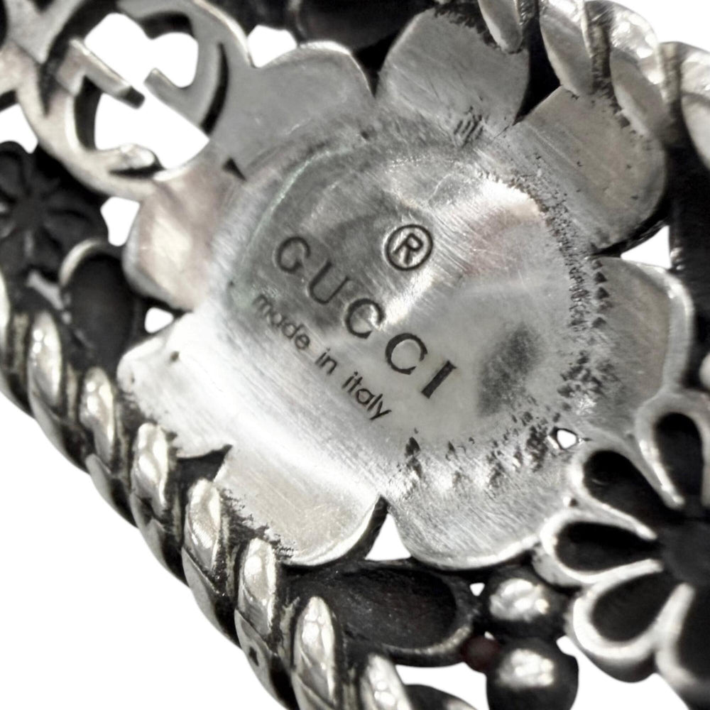 GUCCI AG925 Rhinestone Crystal Floral Interlocking G Bangle Bracelet, Silver Green, Size 16, Made in Italy, Weight 26.2g, Men's — Like New