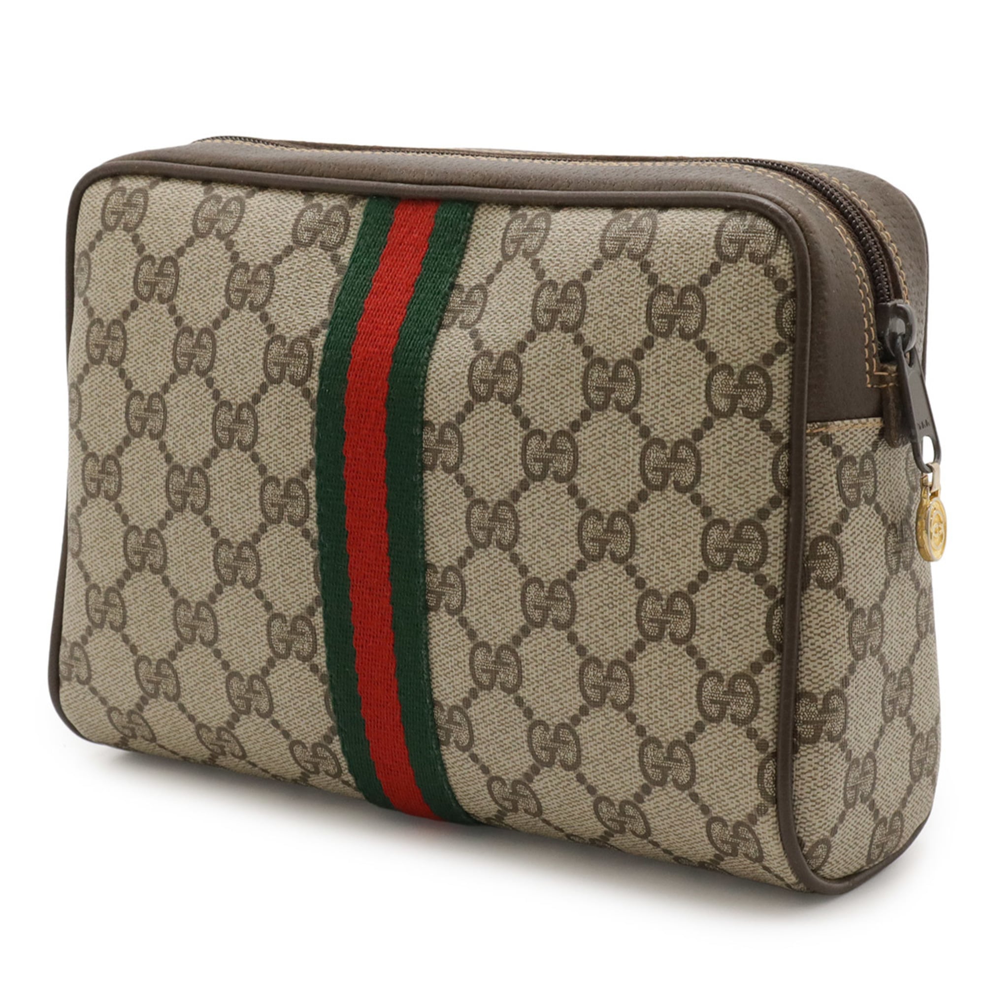 GUCCI Old Gucci GG Plus Sherry Line Clutch Bag/Second Bag in PVC and Leather, Beige Mocha Brown, 010-378