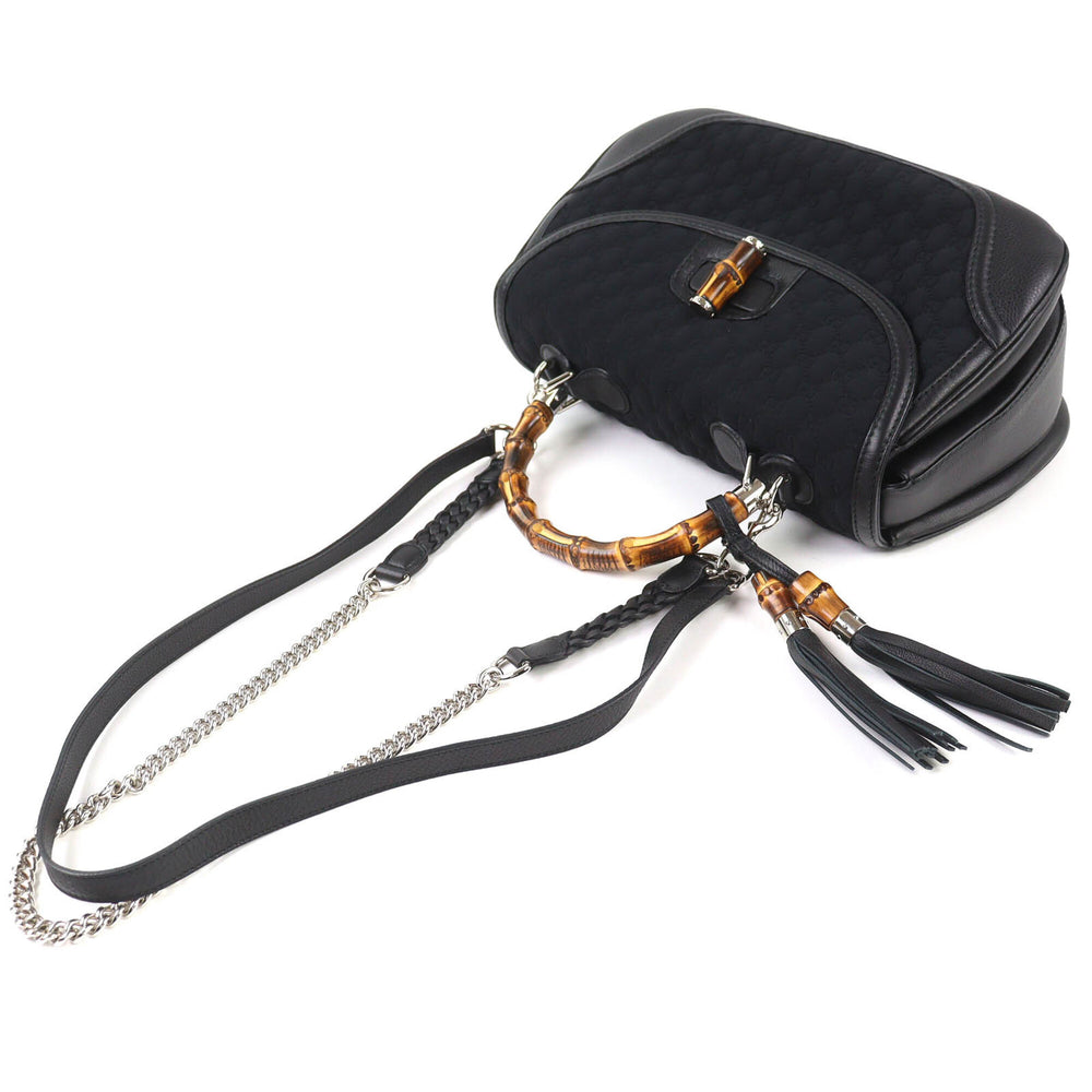 GUCCI 240241 Leather Microssima New Bamboo 2-Way Handbag Chain Shoulder Bag Black Silver Hardware with Dust Made in Italy Women's — Like New