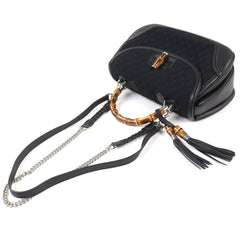 GUCCI 240241 Leather Microssima New Bamboo 2-Way Handbag Chain Shoulder Bag Black Silver Hardware with Dust Made in Italy Women's — Like New