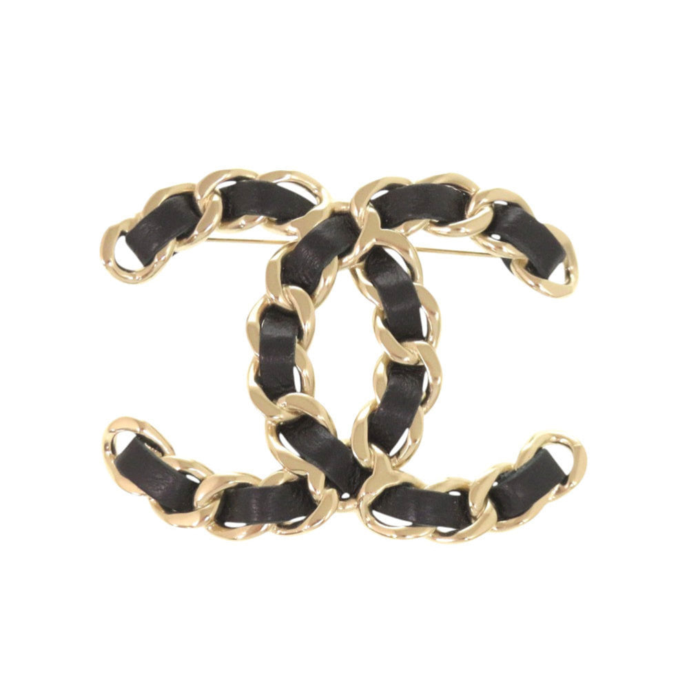 Chanel Coco Mark Chain Motif Brooch, Leather, Black, Accessory 1314 CHANEL — Like New