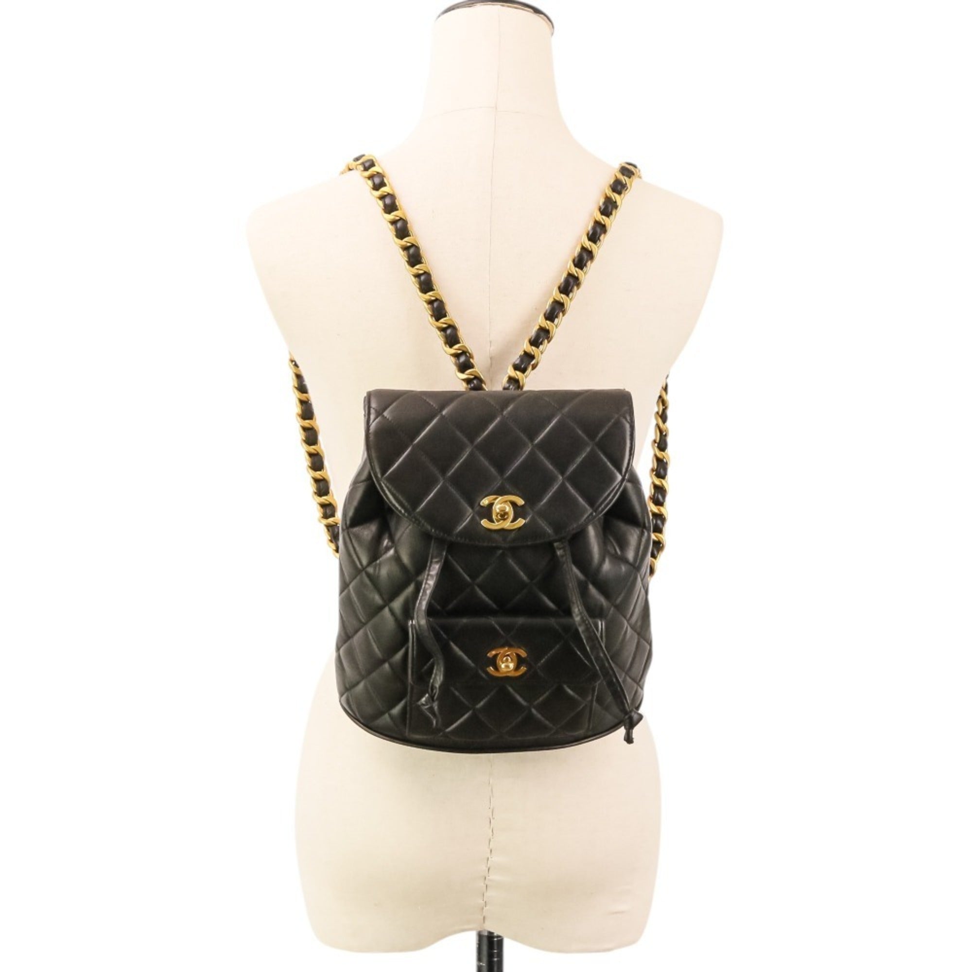 CHANEL Vintage Matelassé Lambskin Chain Shoulder Turnlock Backpack Rucksack Black Women's — Like New