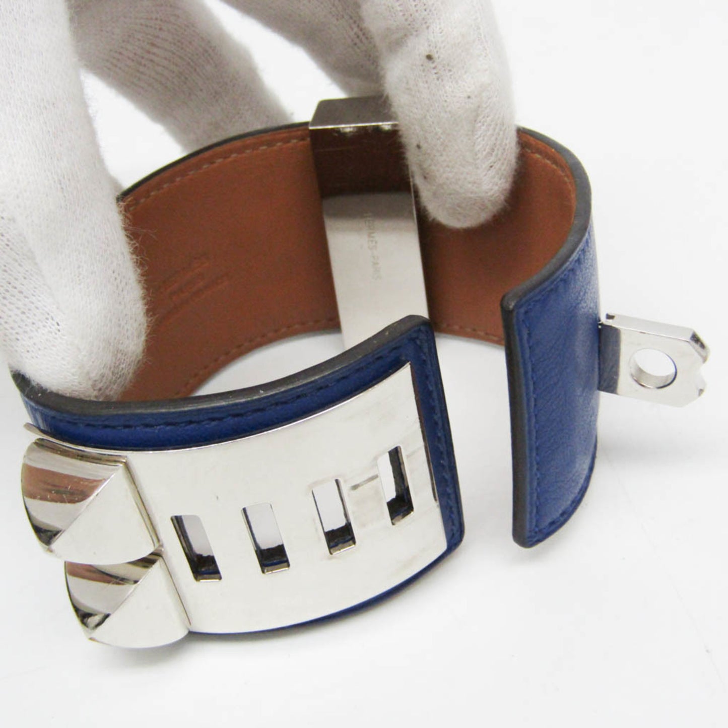 Hermes Collier De Chien Leather,Metal Bangle Silver,Bleu Saphir