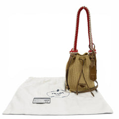 PRADA 1BE068 Crochet Mini Bucket Bag with Triangle Logo, Leather Accents, Raffia, 2-Way Shoulder Bag/Handbag, Natural Finish, Made in Italy, Women's, Dust Bag — Like New