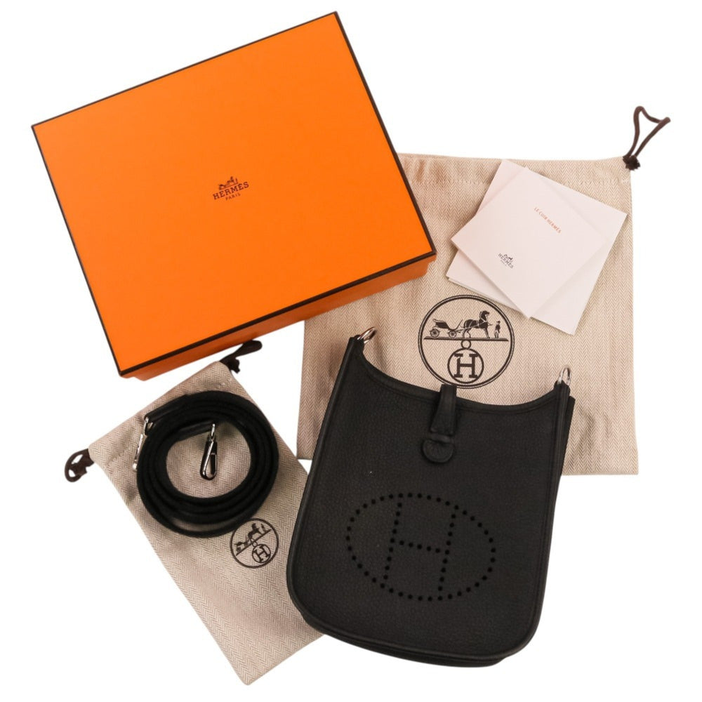 HERMES Evelyne TPM Taurillon Clemence Leather Shoulder Bag, Noir Black, U Stamp, Women's — Like New