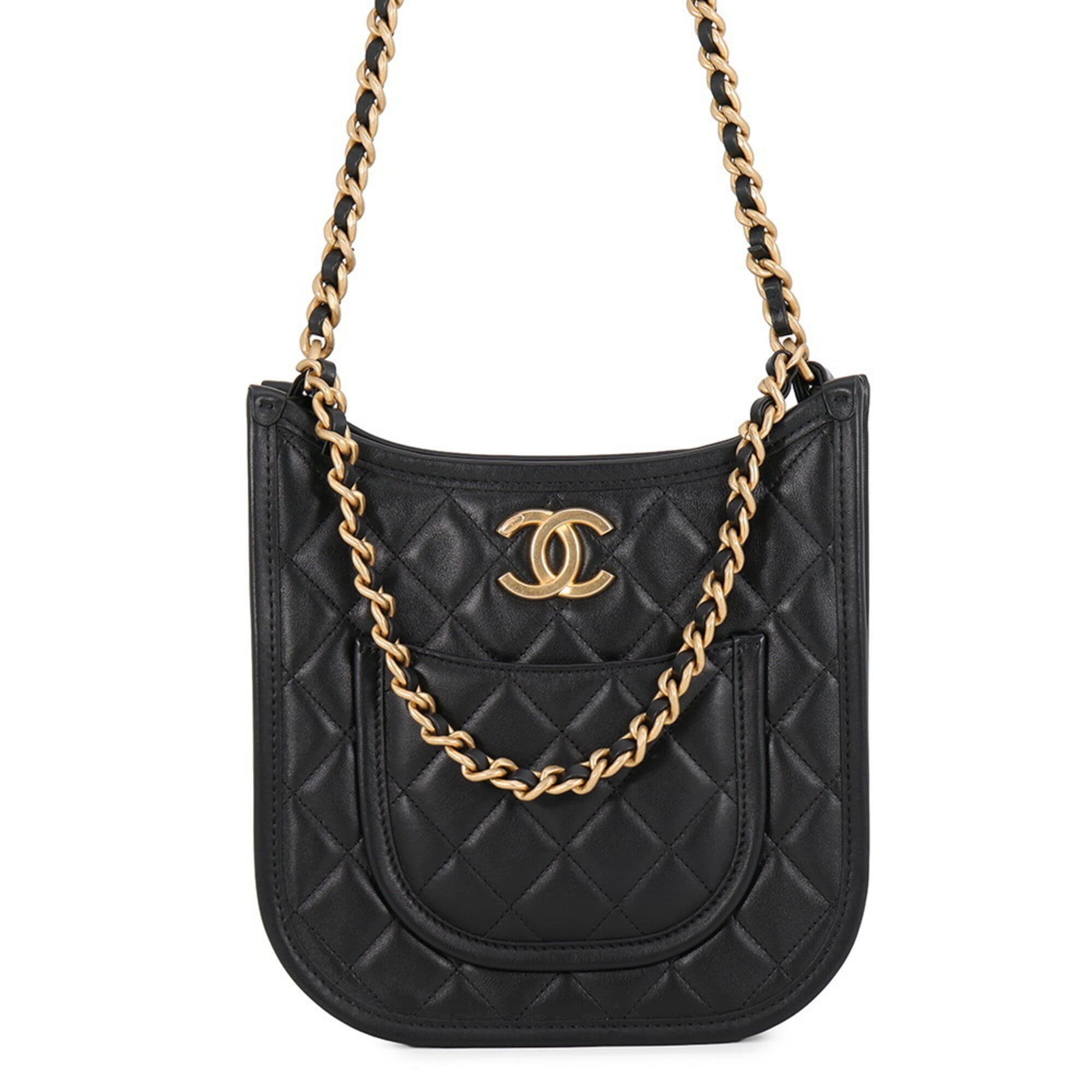 Chanel Chain Shoulder Bag, Matelassé, Coco Mark, Hobo, Lambskin, CHANEL 2-way, Black, Handbag, Women's — Like New