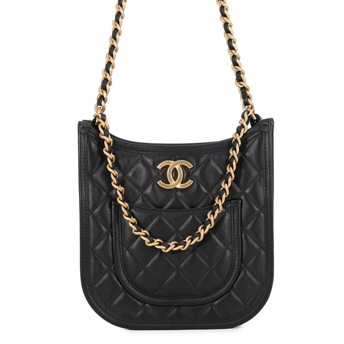 Chanel Chain Shoulder Bag, Matelassé, Coco Mark, Hobo, Lambskin, CHANEL 2-way, Black, Handbag, Women's — Like New