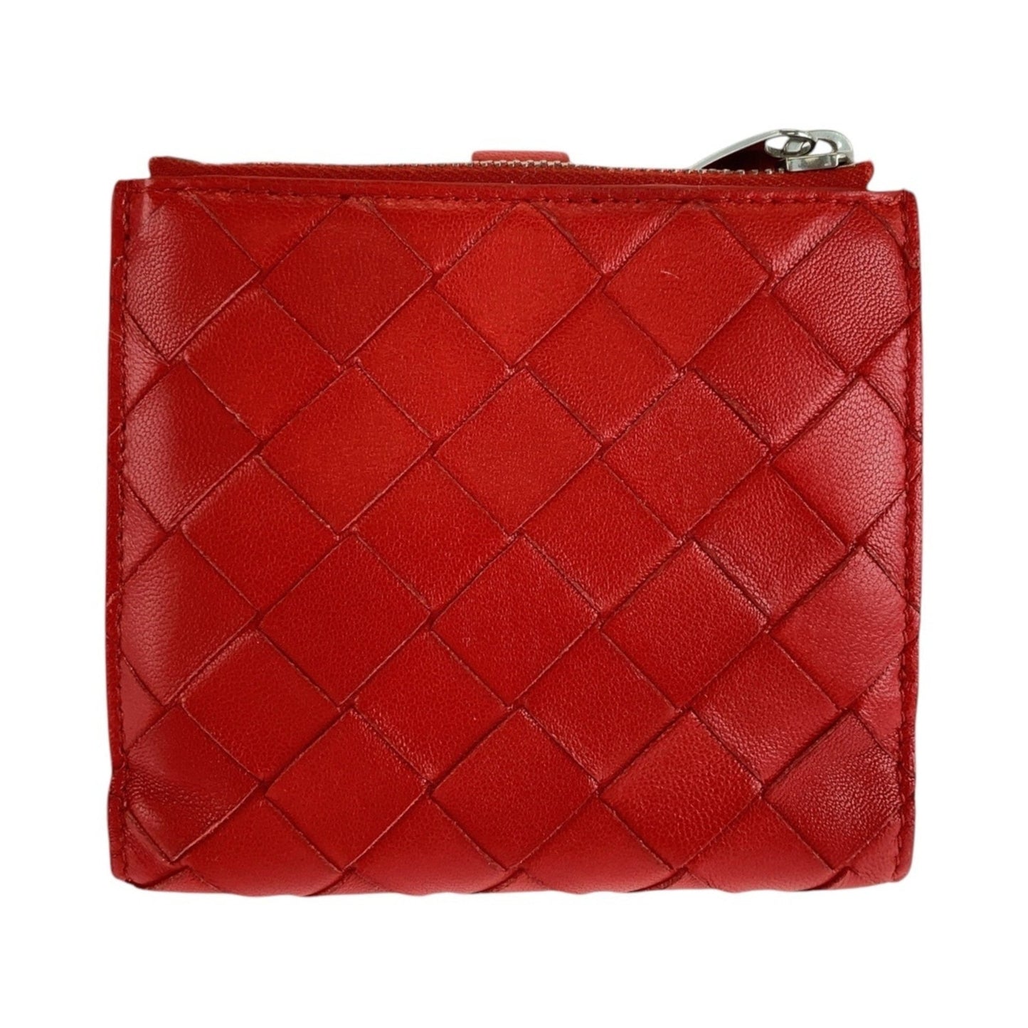 BOTTEGA VENETA Maxi Intrecciato Red Leather Folding Wallet with Silver Hardware, Compact for Women