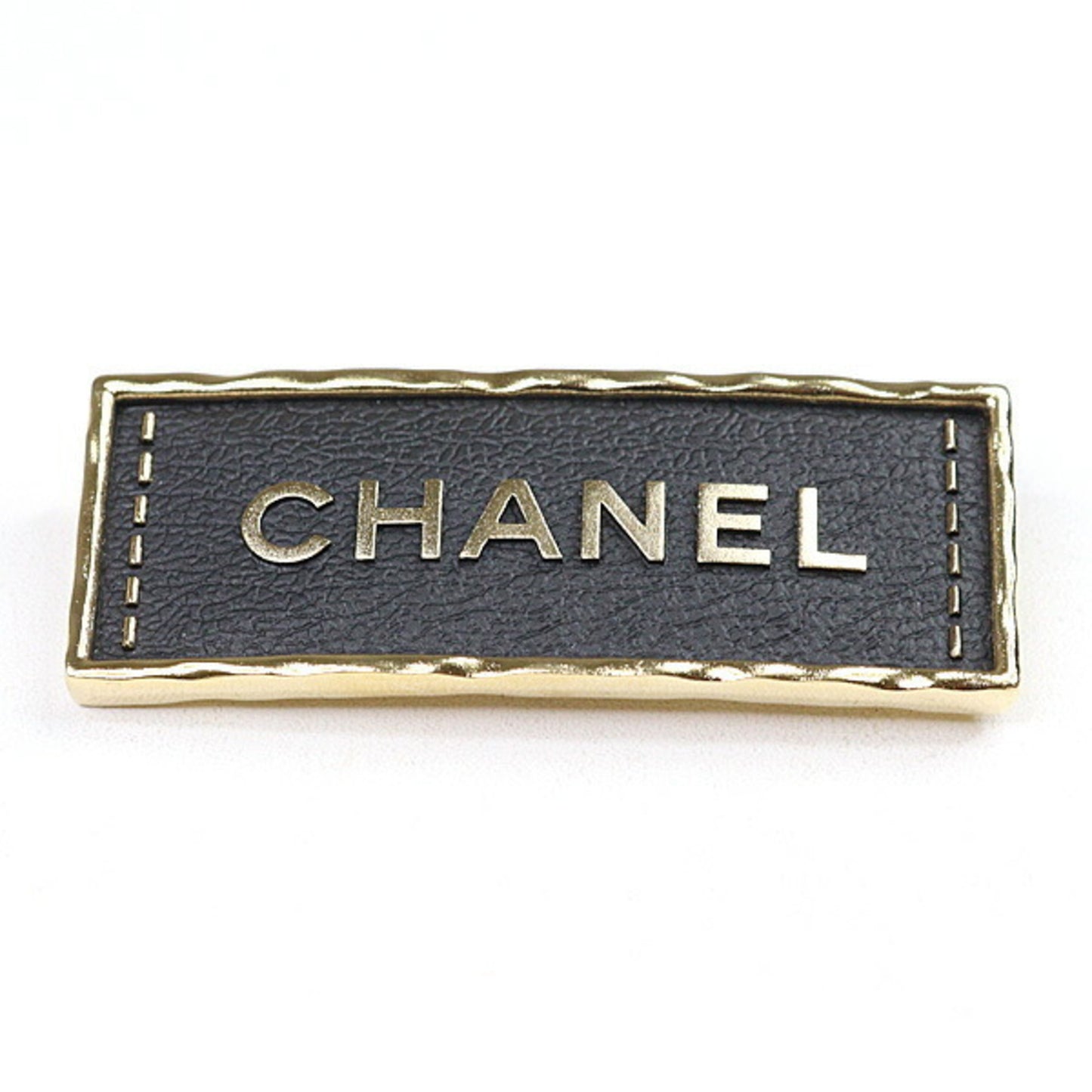 CHANEL Brooch Metal Leather Gold Black Tag A23S