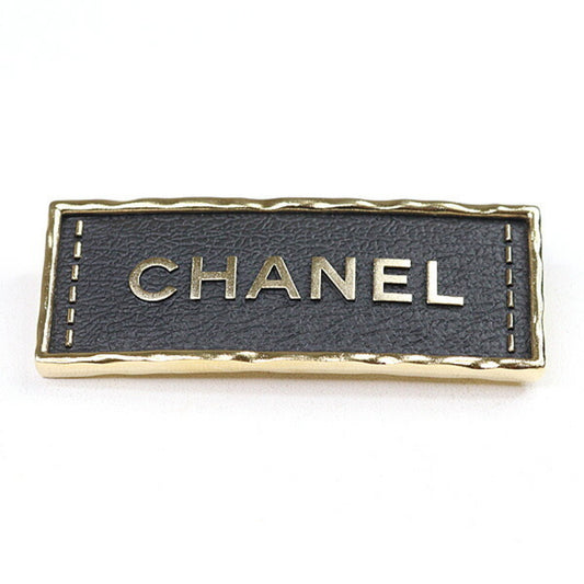 CHANEL Brooch Metal Leather Gold Black Tag A23S