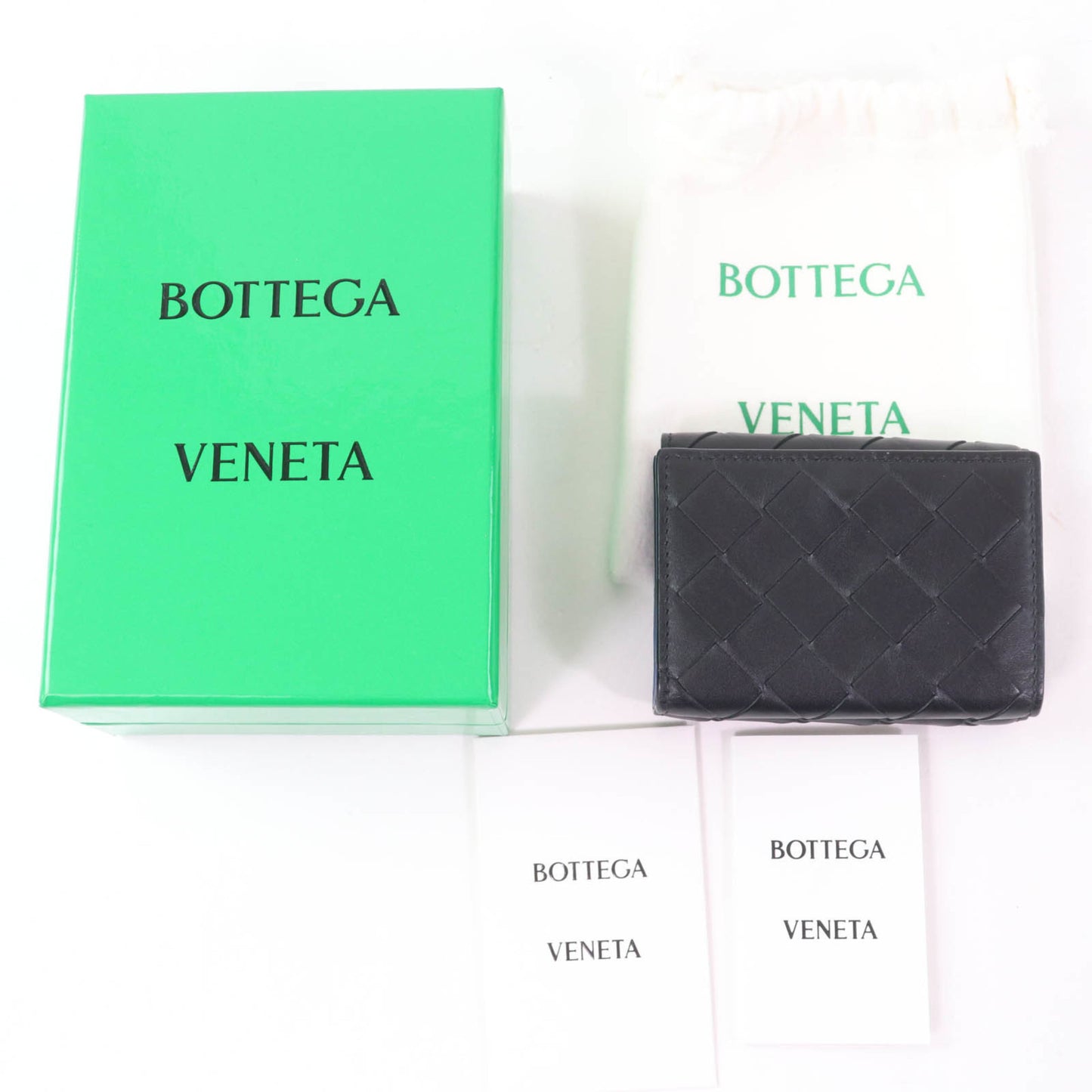 BOTTEGA VENETA Leather Intrecciato Tiny Tri-fold Wallet, Compact Black/Blue, Box and Dust Bag Included, Made in Italy, Women's
