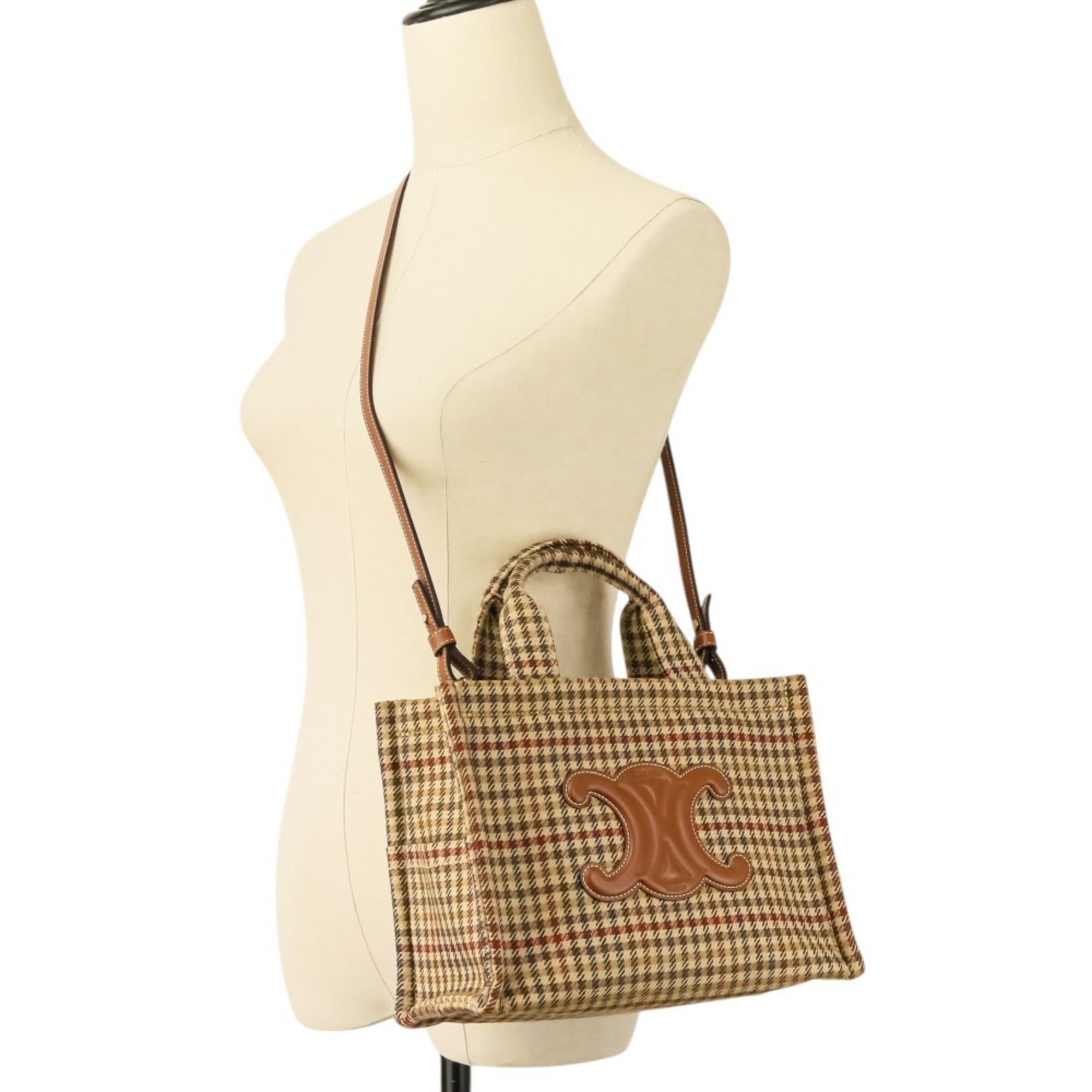 CELINE Triomphe Logo Small Cabas Thais Tweed 2-Way Shoulder Bag 199162EP8.14ML Brown Beige Women's — Like New