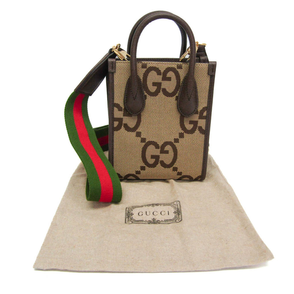 Gucci Jumbo GG Mini 699406 Women's Canvas,Leather Handbag,Shoulder Bag Beige,Dark Brown — Like New