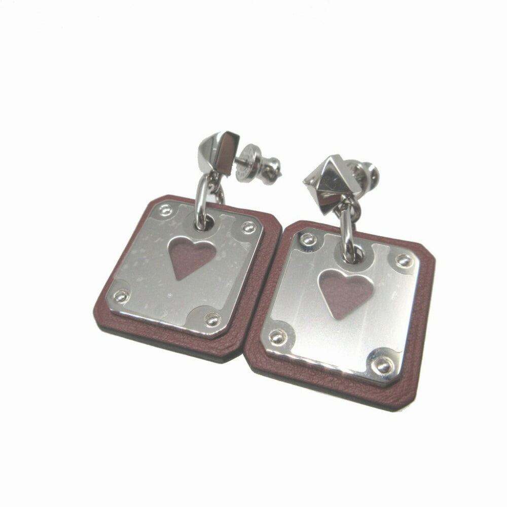Hermes Asdukur Z engraved heart leather metal brown silver earrings 1256HERMES — Like New
