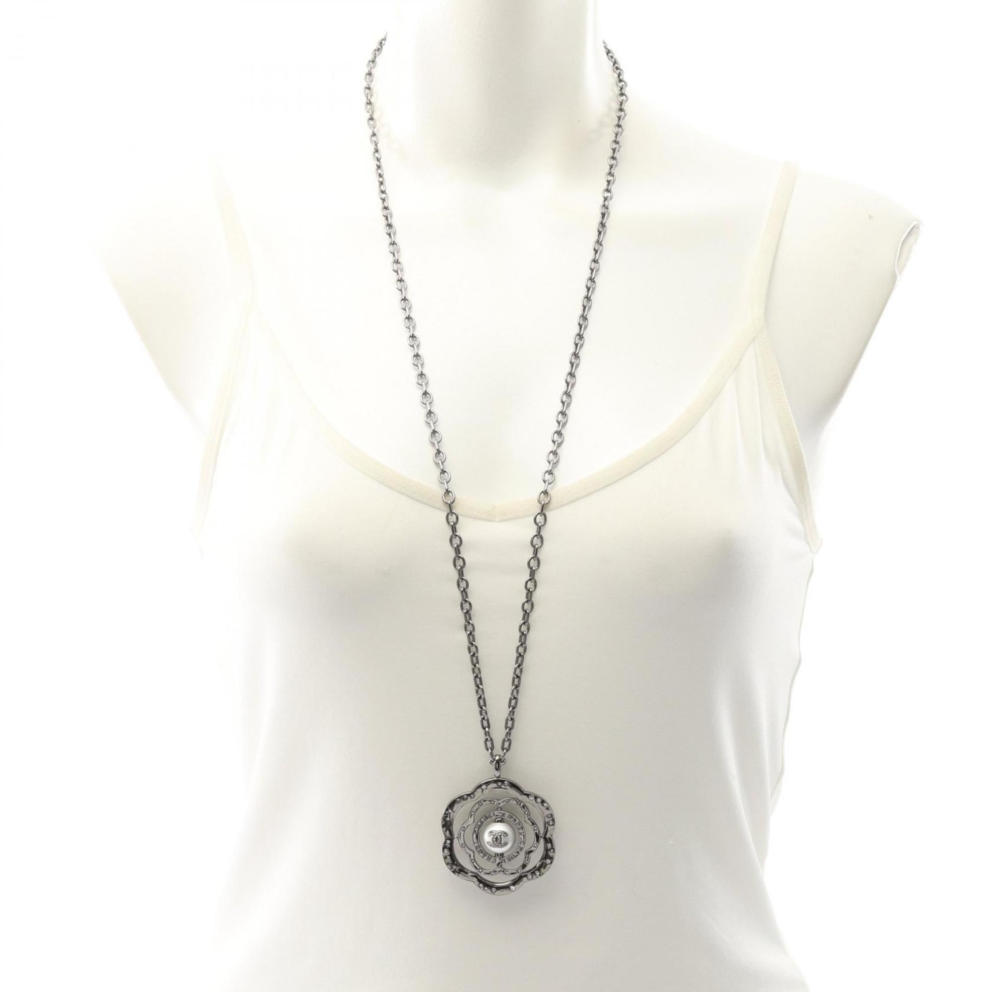 CHANEL Camellia Coco Mark Necklace, Stainless Steel with Faux Pearls and Rhinestones, Silver Clear