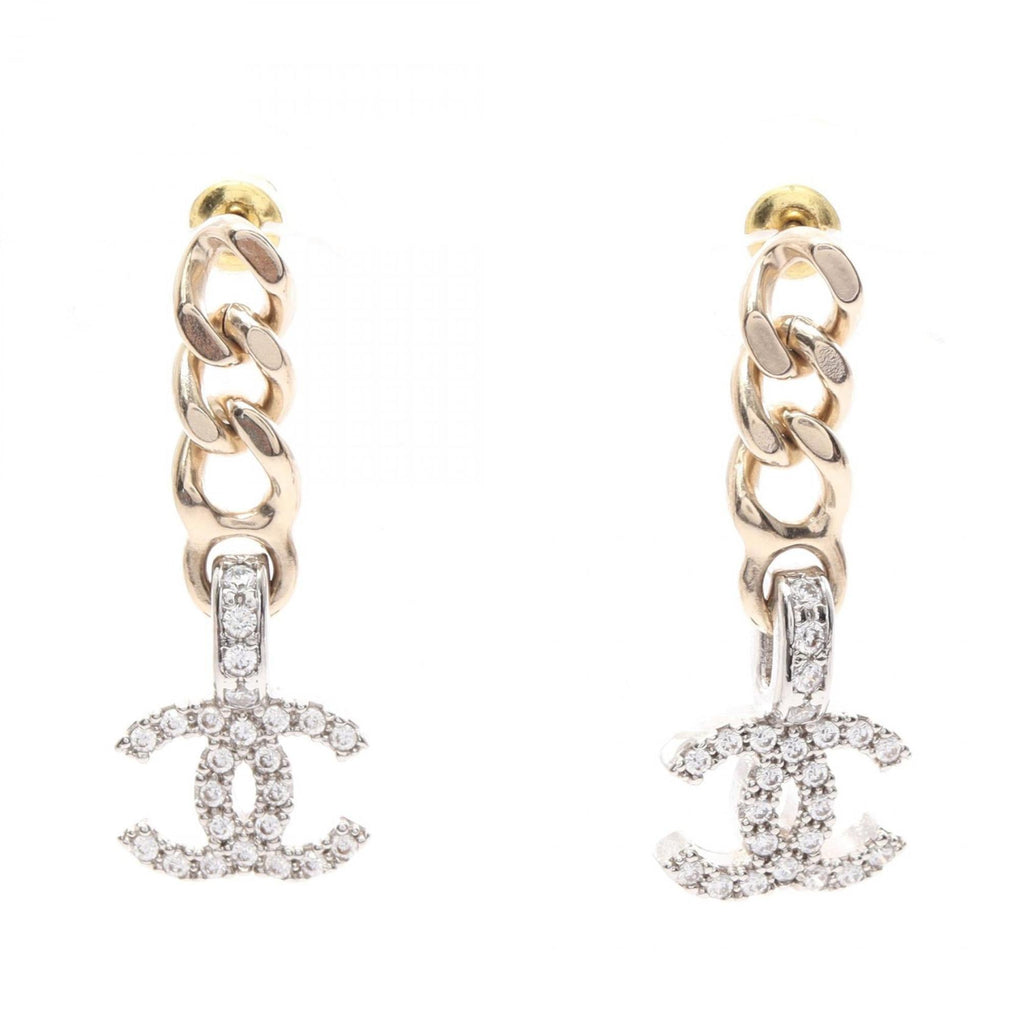 CHANEL Coco Mark Earrings in Gold-Plated Stainless Steel with Rhinestones, Available Gold, Silver, and Clear.