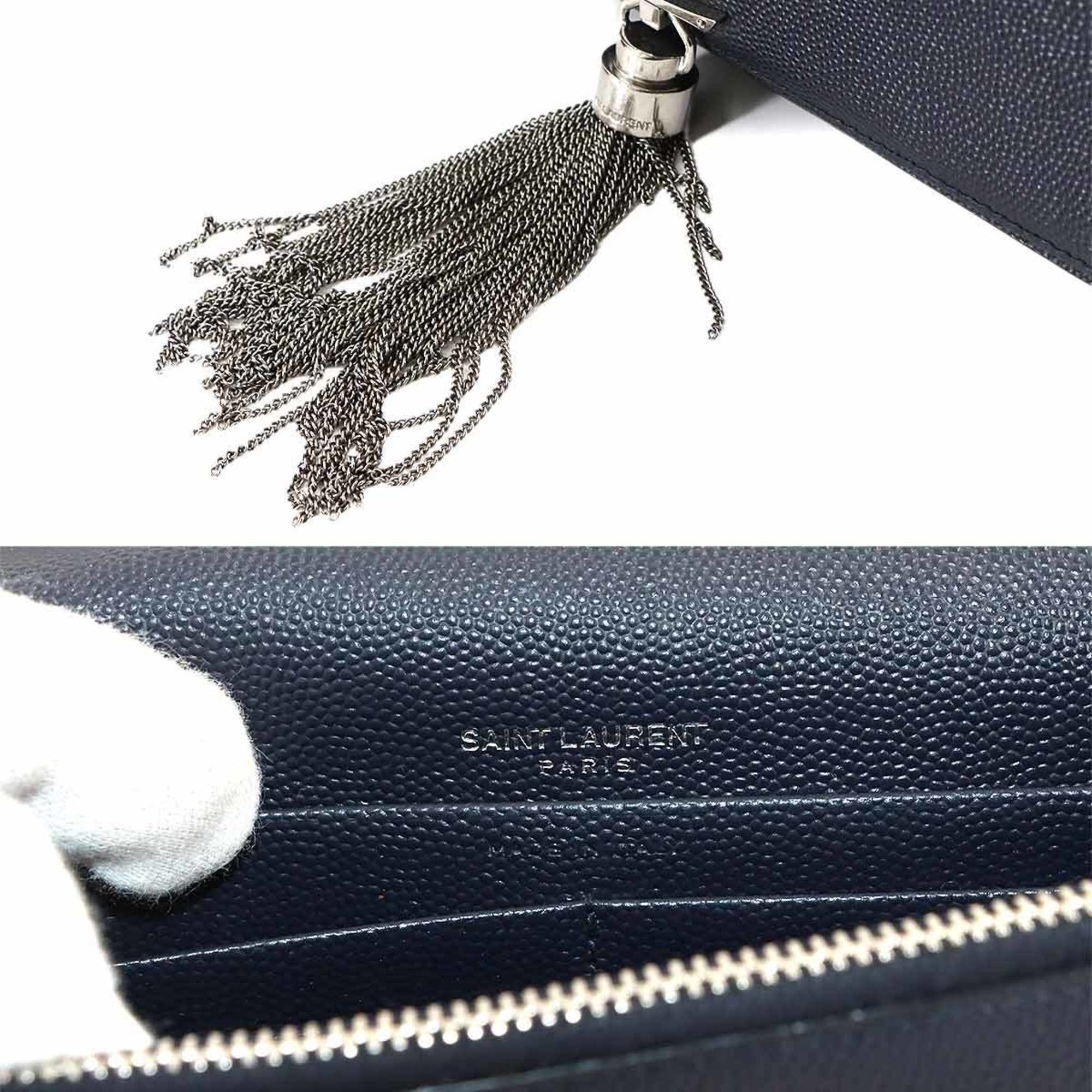 Saint Laurent Kate Chain Wallet, Bifold Long Leather, Navy Blue, 452159
