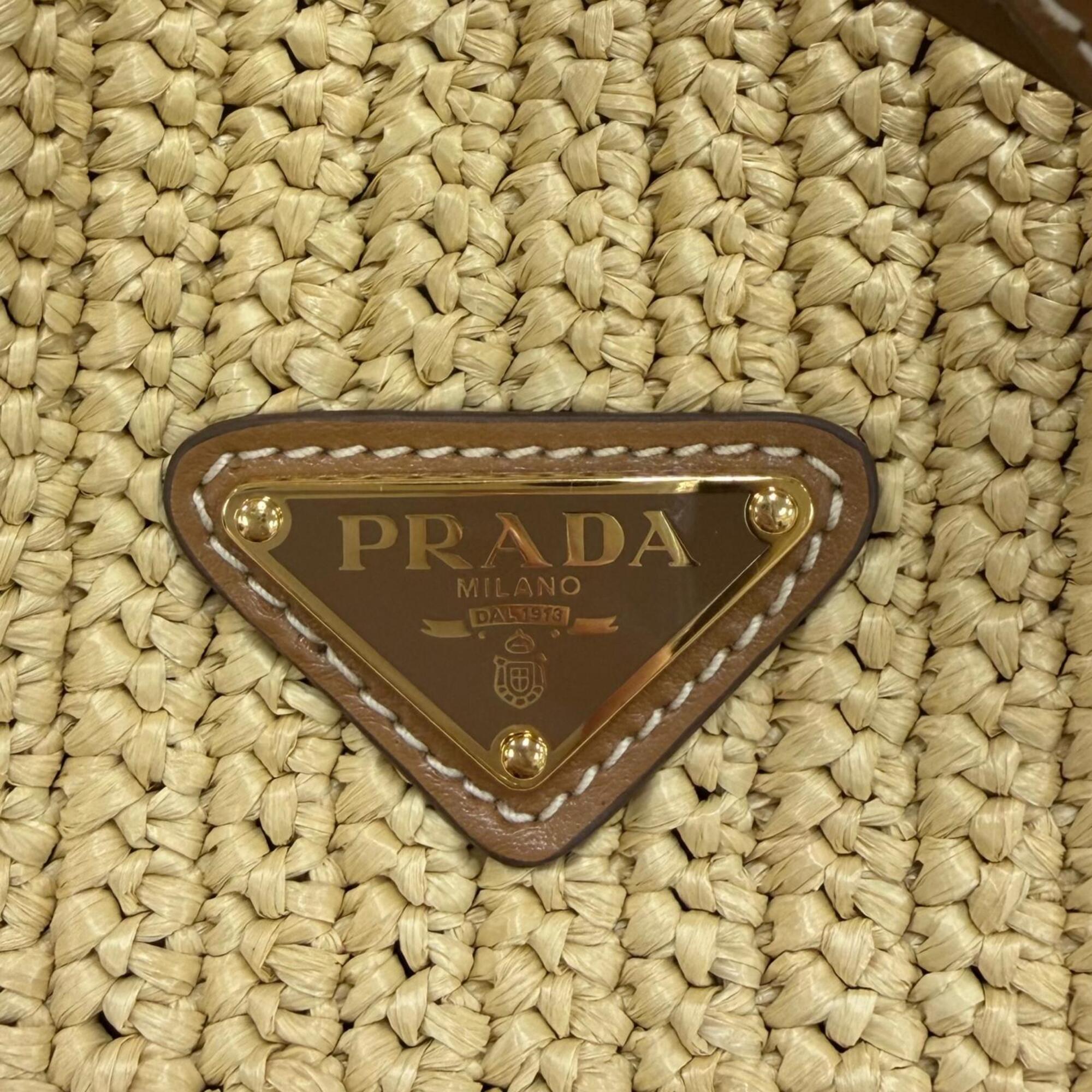 PRADA 1BE068 Crochet Mini Bucket Bag with Triangle Logo, Leather Accents, Raffia, 2-Way Shoulder Bag/Handbag, Natural Finish, Made in Italy, Women's, Dust Bag — Like New