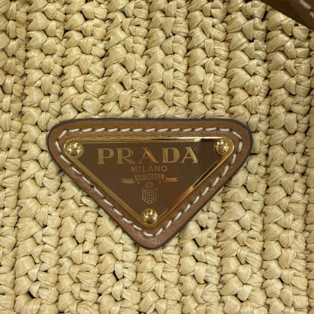 PRADA 1BE068 Crochet Mini Bucket Bag with Triangle Logo, Leather Accents, Raffia, 2-Way Shoulder Bag/Handbag, Natural Finish, Made in Italy, Women's, Dust Bag — Like New