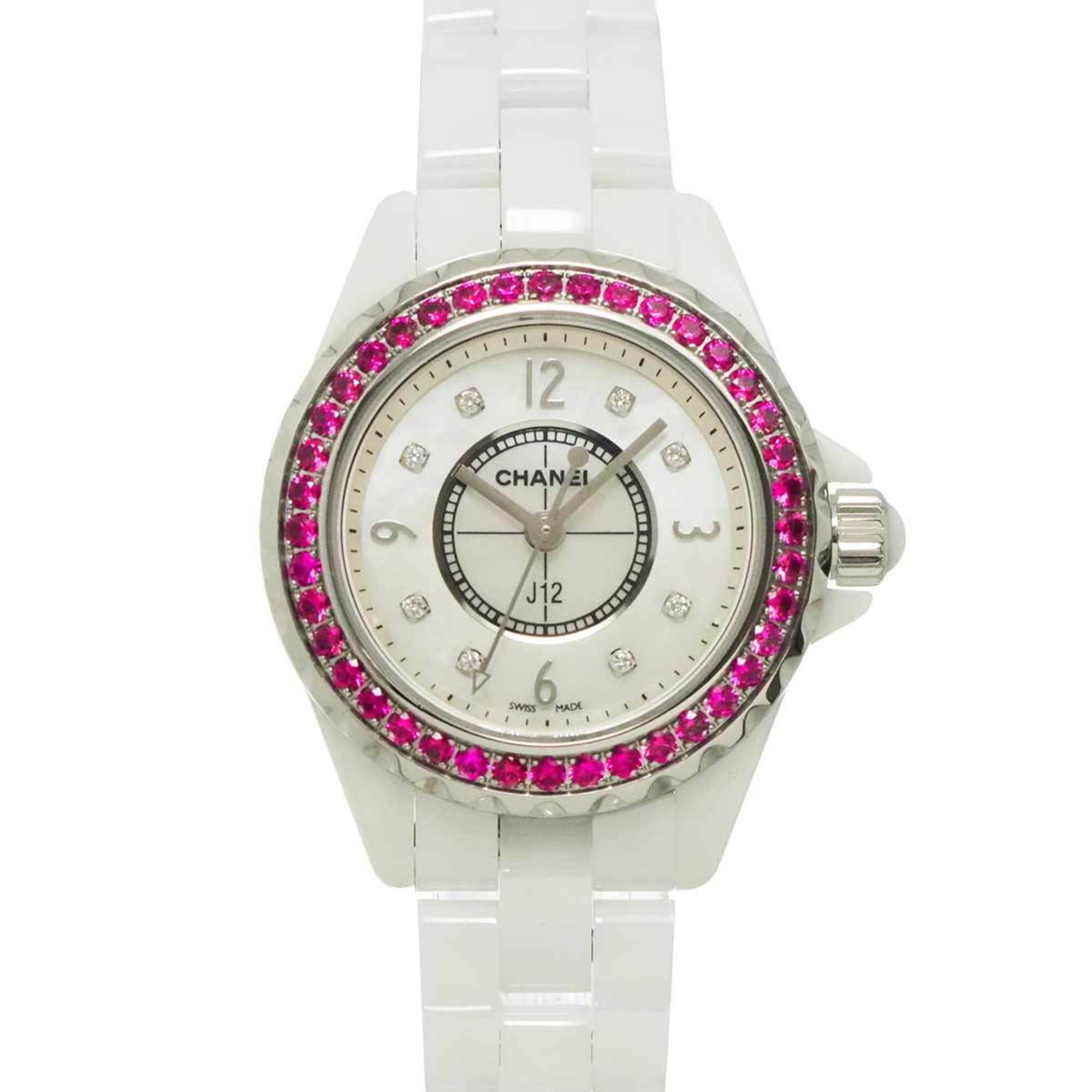Chanel J12 29mm H3243 Women's Watch, Pink Sapphire Bezel, 8 Diamonds, White Shell Ceramic Quartz Watch — Like New